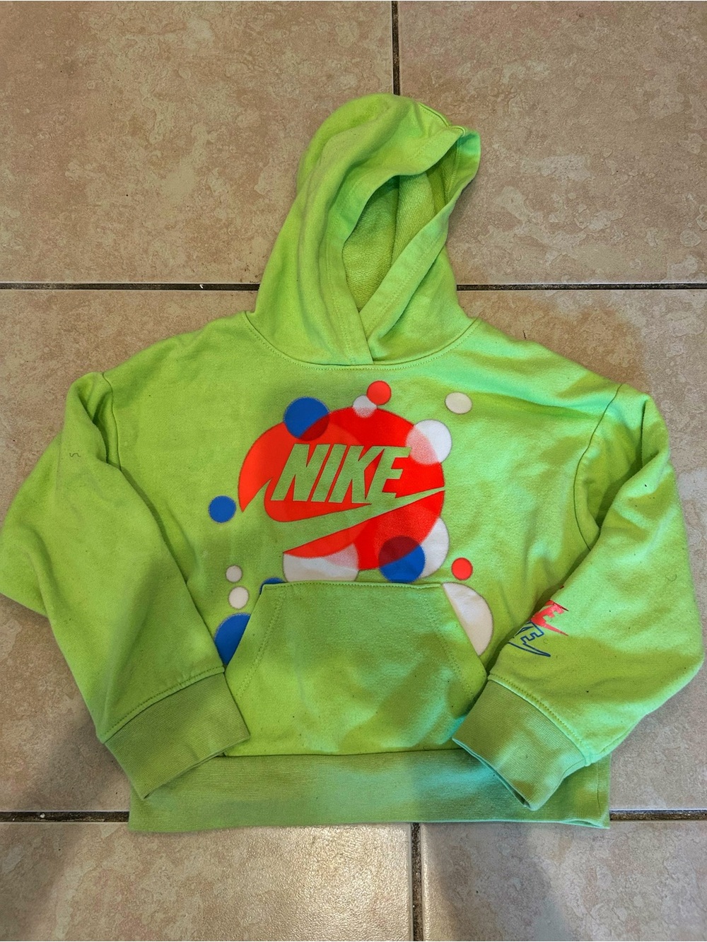 Nike Neon Green Hoodie with Red Logo and Multicolor Dots